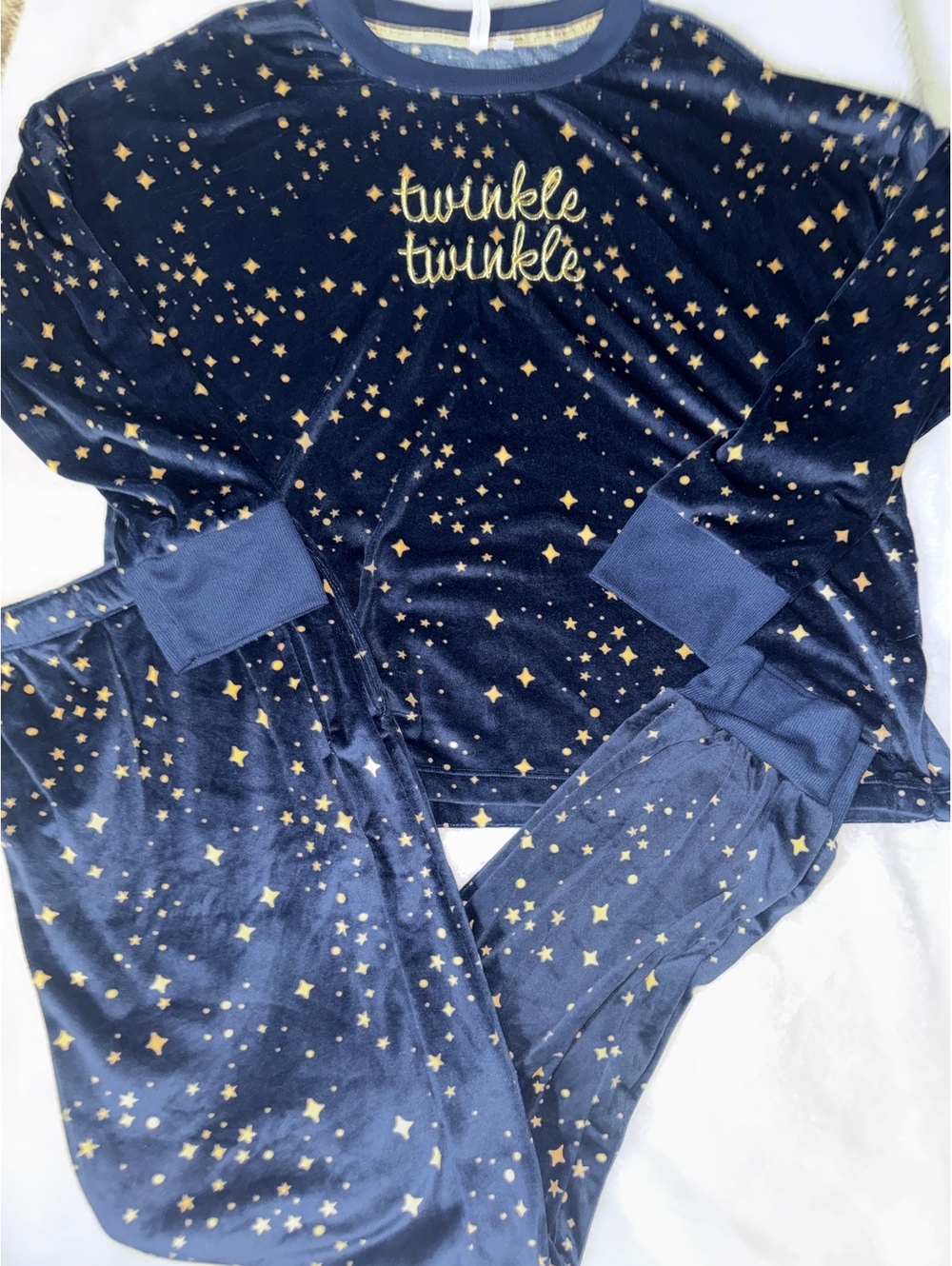 Joyspun Women's XL Navy Blue Velour Pajama Set with Gold Star Print and "Twinkle